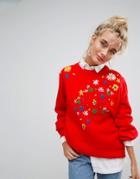 Willow And Paige Relaxed Sweater With Floral Embroidery - Black