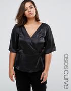 Asos Curve Wrap Tea Blouse In Satin - Black