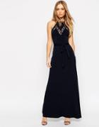 Asos Maxi Dress In Crepe With Lace Insert - Navy