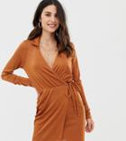 Asos Design Slinky Wrap Mini Dress - Brown