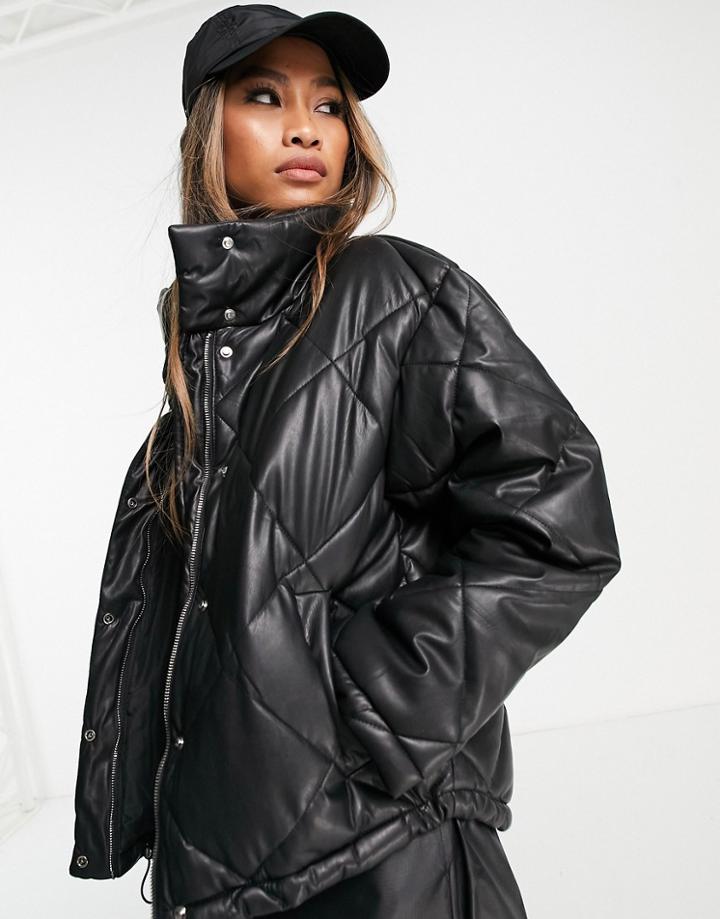Bershka Faux Leather Oversize Quilted Puffer Jacket In Black-brown