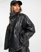 Bershka Faux Leather Oversize Quilted Puffer Jacket In Black-brown