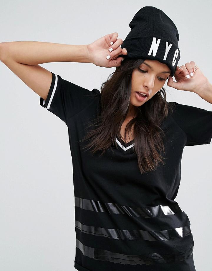 Asos Nyc Embroidered Beanie - Black