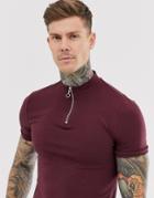Asos Design Organic Muscle Fit Zip Turtleneck T-shirt In Burgundy-red