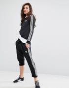 Adidas Originals Black Three Stripe Cropped Sweatpants With Roll Hem - Black