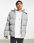 Asos Design Puffer Jacket With Detachable Hood In Gray-grey