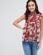 Asos High Neck Blouse With Ruffle Lace Bib In Print - Multi