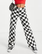 Monki Yoko Organic Cotton Checkerboard Wide Legs Jeans In Black And White
