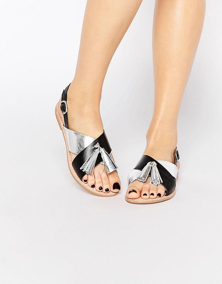 Vero Moda Premium Leather Metallic Tassel Sandals - Black And Silver