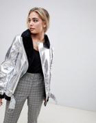 Missguided Metallic Shearling Jacket - Silver