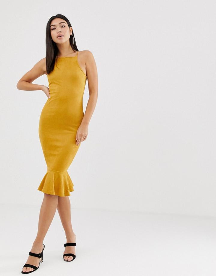 Ax Paris Square Neck Midi Dress With Frill Hem-yellow