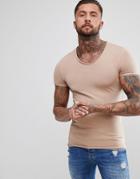 Asos Design Muscle Fit T-shirt With Raw Edge Rounded V Neck In Beige - Beige