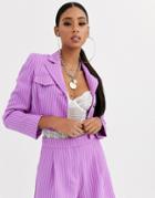 Asos Design Cropped Suit Blazer In Purple Pinstripe-multi