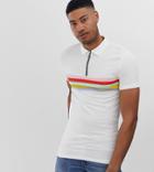 Asos Design Tall Organic Cotton Muscle Zip Neck Polo With Body Stripes - White