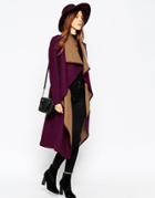 Asos Coat With Waterfall Front And Belt - Berry