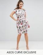 Asos Curve Salon Bardot Dress In Floral Print With Drape Waist - Multi