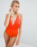 Asos Twist Back Tie Wrap Front Swimsuit - Chile Orange