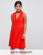 Asos Maternity Skater Dress With Asymmetric Full Skirt Dress With V Neck - Red