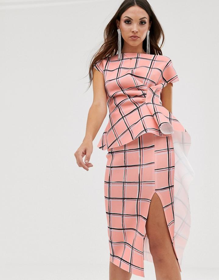 Asos Design Peplum Pencil Midi Dress With Tuck Detail In Check Print - Multi