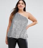 Asos Curve One Shoulder Top In Sequin - Silver
