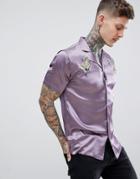 Boohooman Revere Shirt With Bird Embroidery In Purple - Purple