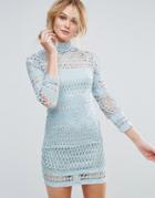 Club L Long Sleeve Crochet Detailed High Neck Dress - Blue