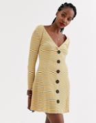 Asos Design Button Through Rib Tea Dress With Large Buttons In Stripe - Multi