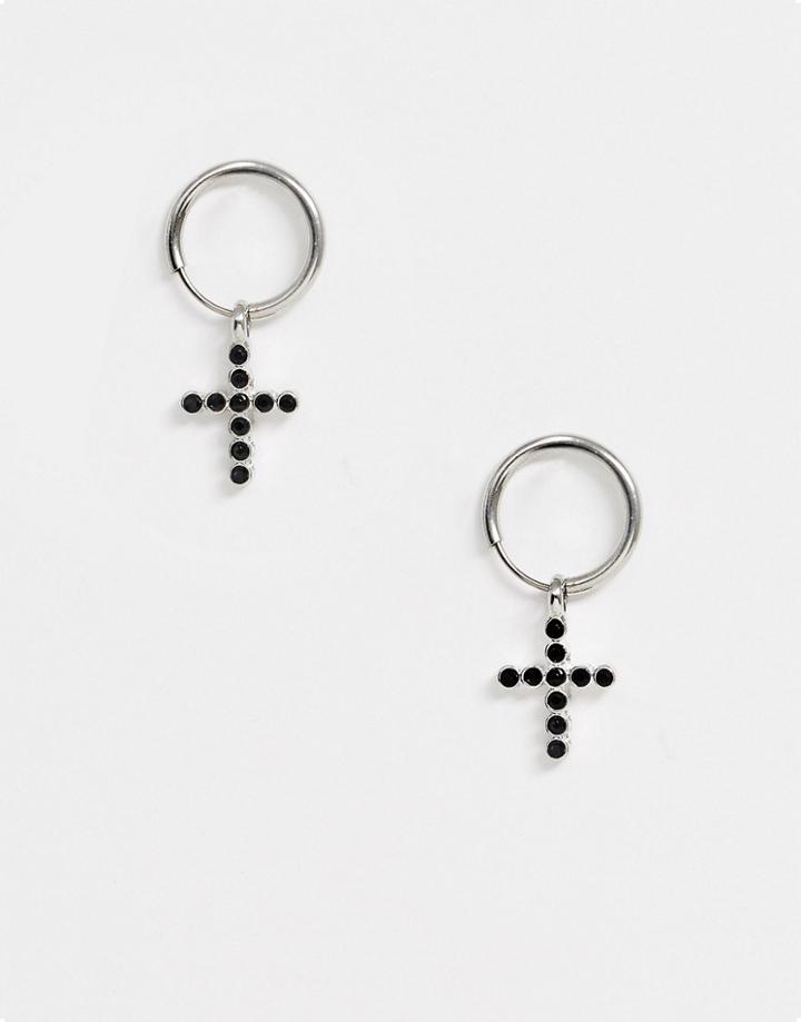 Sacred Hawk Jet Stone Cross Earrings In Silver