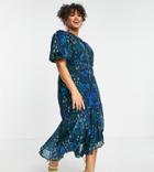 Hope & Ivy Plus Puff Sleeve Tea Midi Dress In Cobalt Star Print-blues