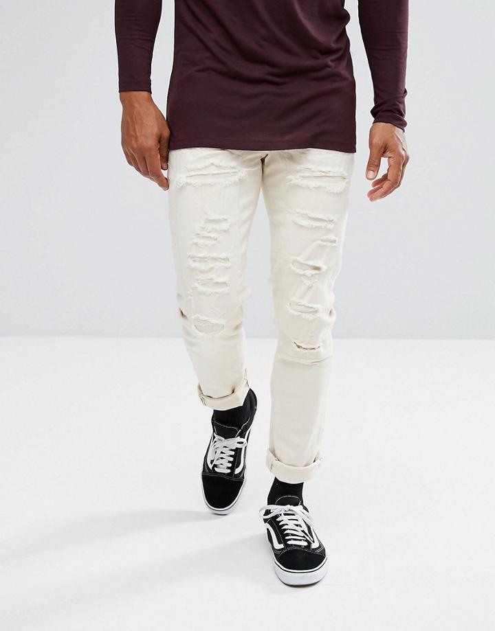 Asos Skinny Jeans In Ecru With Heavy Rips - Stone