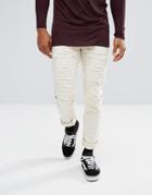 Asos Skinny Jeans In Ecru With Heavy Rips - Stone
