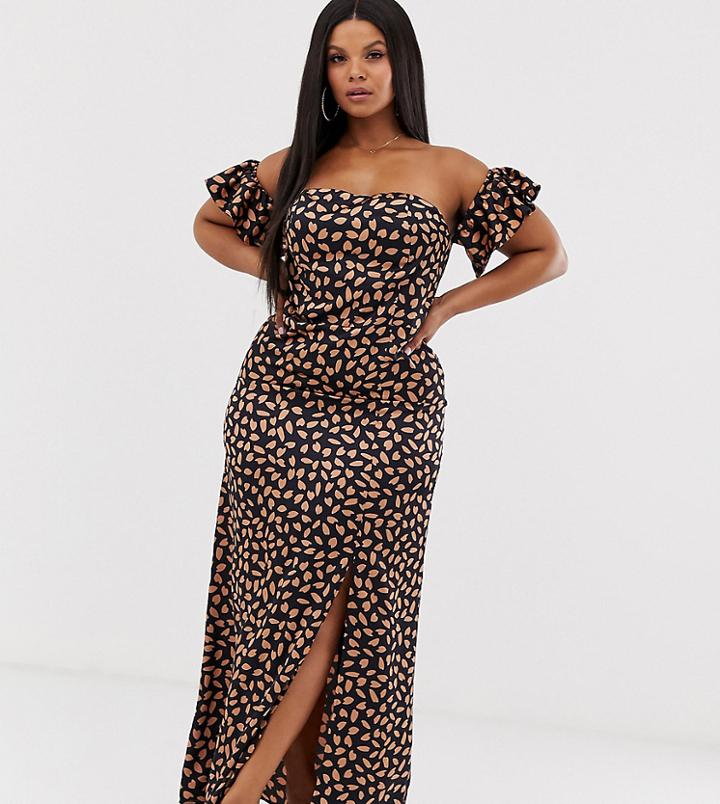 Koco & K Plus Off Shoulder Midaxi Dress With Thigh Split In Fleck Print - Multi
