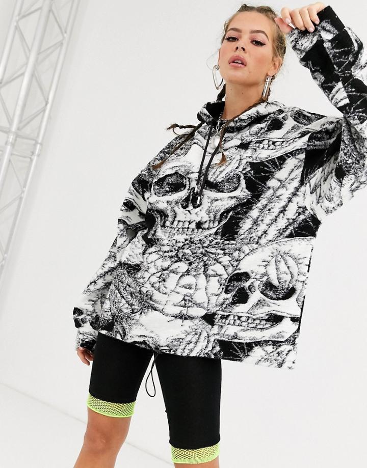 Jaded London Hoodie In Skull Print Borg-black