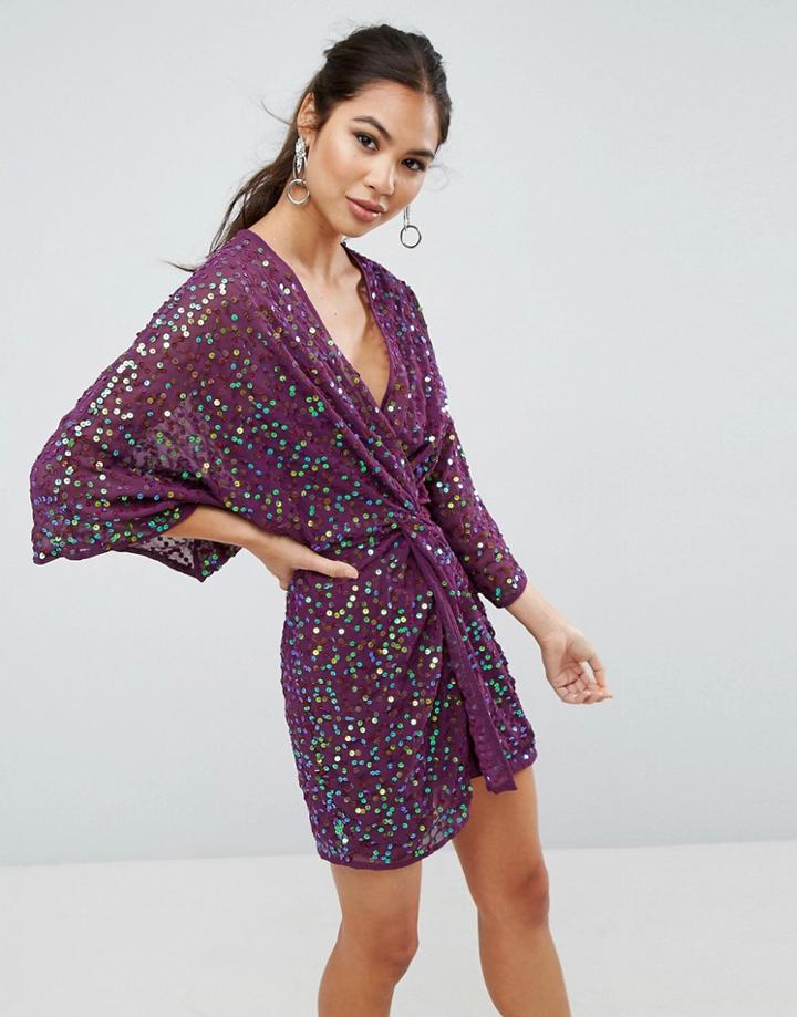 Asos Sequin Kimono Super Mini Dress - Purple