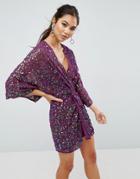 Asos Sequin Kimono Super Mini Dress - Purple
