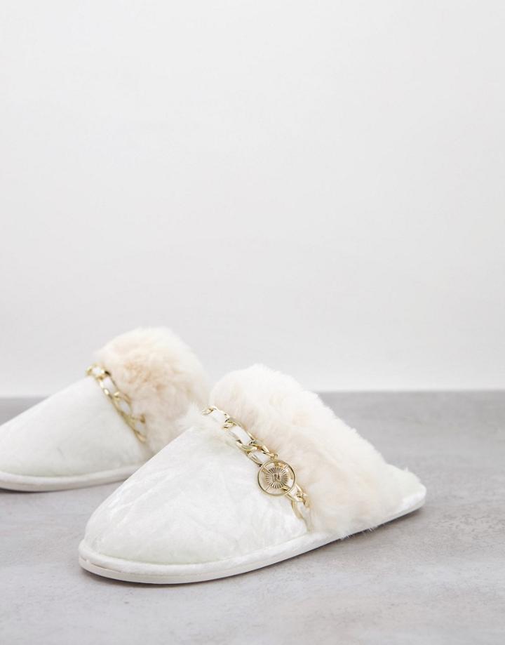 River Island Quilted Velvet Mule Slippers In Cream-white
