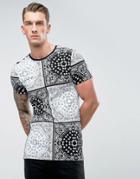 Asos Extreme Muscle Longline T-shirt In All Over Paisley Print - Black