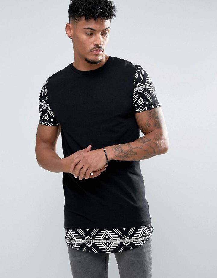 Asos Super Longline Muscle T-shirt With Contrast Geo-tribal Sleeves And Hem - Black