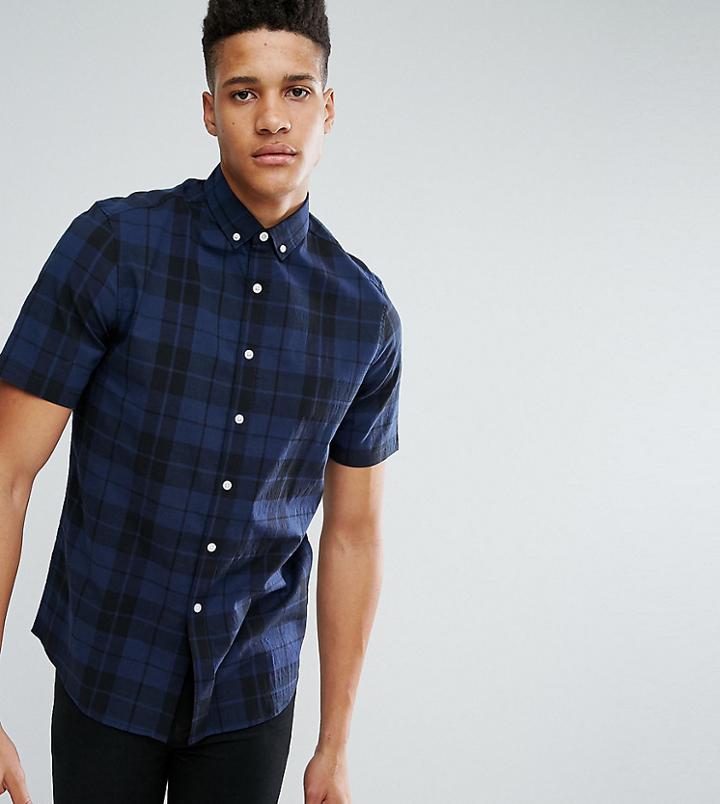 Asos Tall Stretch Slim Check Shirt In Blue - Blue