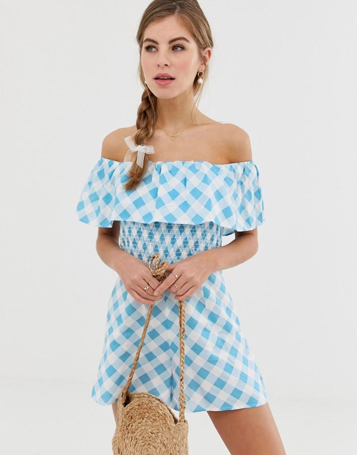 Asos Design Off Shoulder Ruffle Romper With Shirring In Gingham Print - Multi