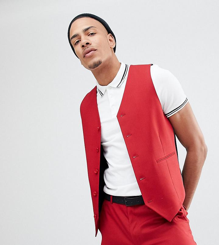 Asos Design Tall Skinny Suit Vest In Scarlet Red - Red