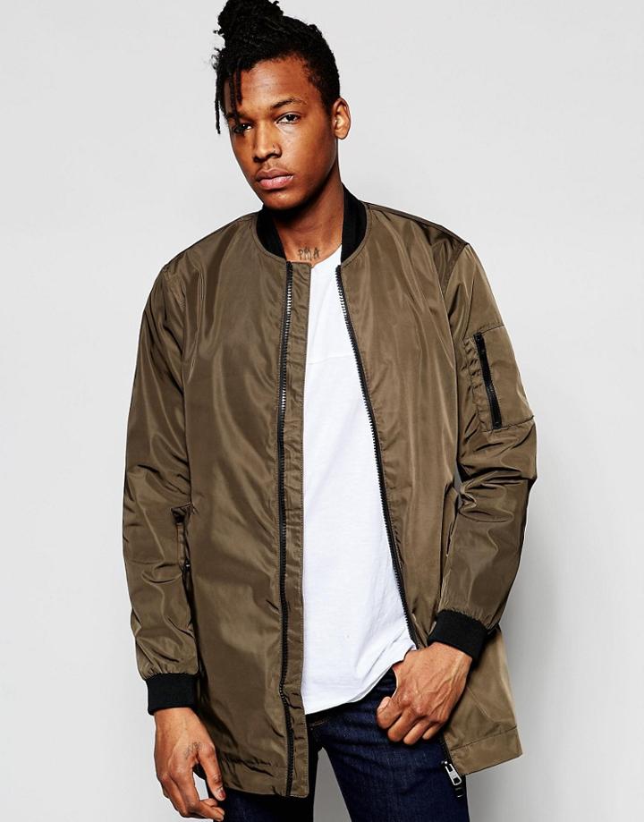 Pull & Bear Longline Bomber Jacket In Khaki - Khaki