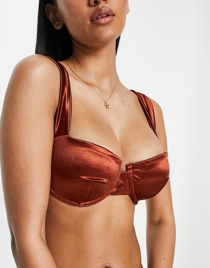 Asos Design Fuller Bust Gleam Underwire Gathered Bikini Top In Burnt Brown