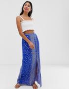 Asos Design Crinkle Maxi Skirt With Self Covered Buttons In Blue Floral Print - Multi