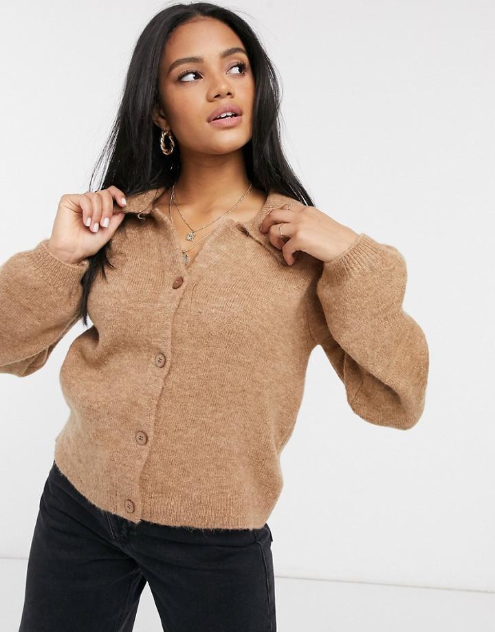 Asos Design Fluffy Collared Sweater With Placket Detail In Camel-neutral