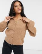 Asos Design Fluffy Collared Sweater With Placket Detail In Camel-neutral
