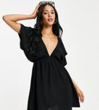 Asos Design Tall Flutter Sleeve Mini Beach Dress In Black