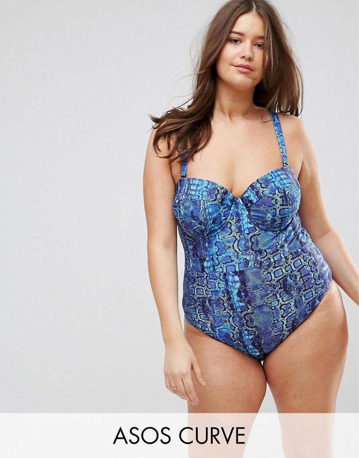 Asos Curve Blue Snake Print Neoprene Cupped Swimsuit - Multi