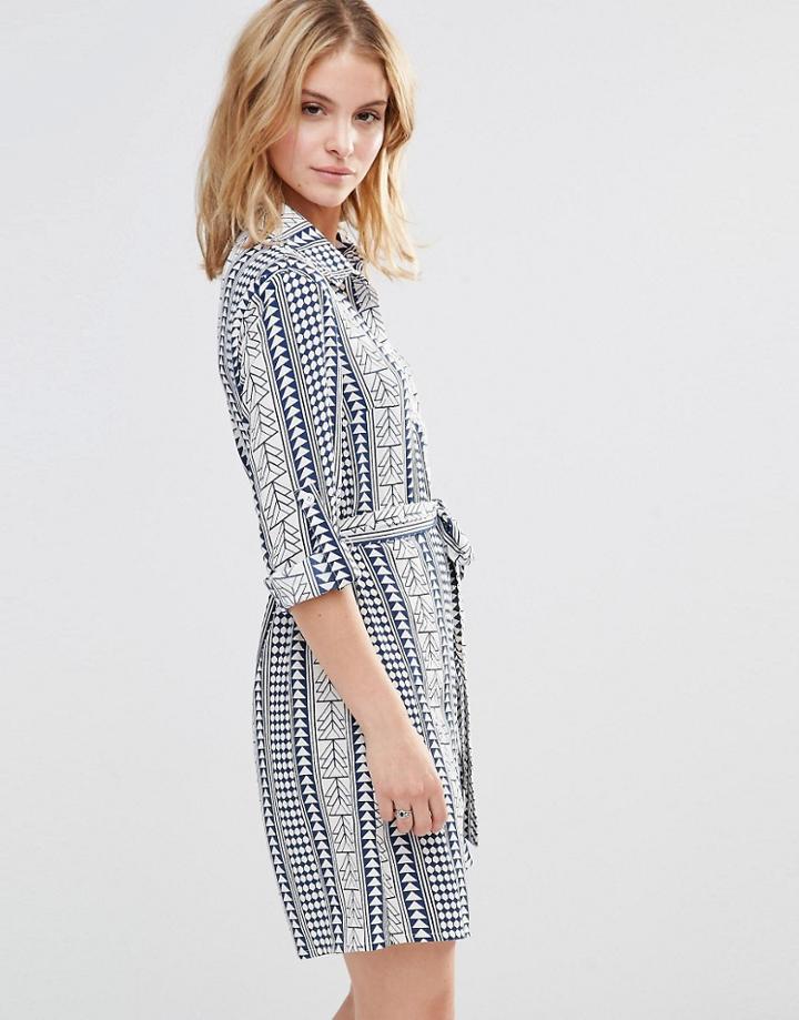 Style London Shirt Dress In Geo Print - Blue