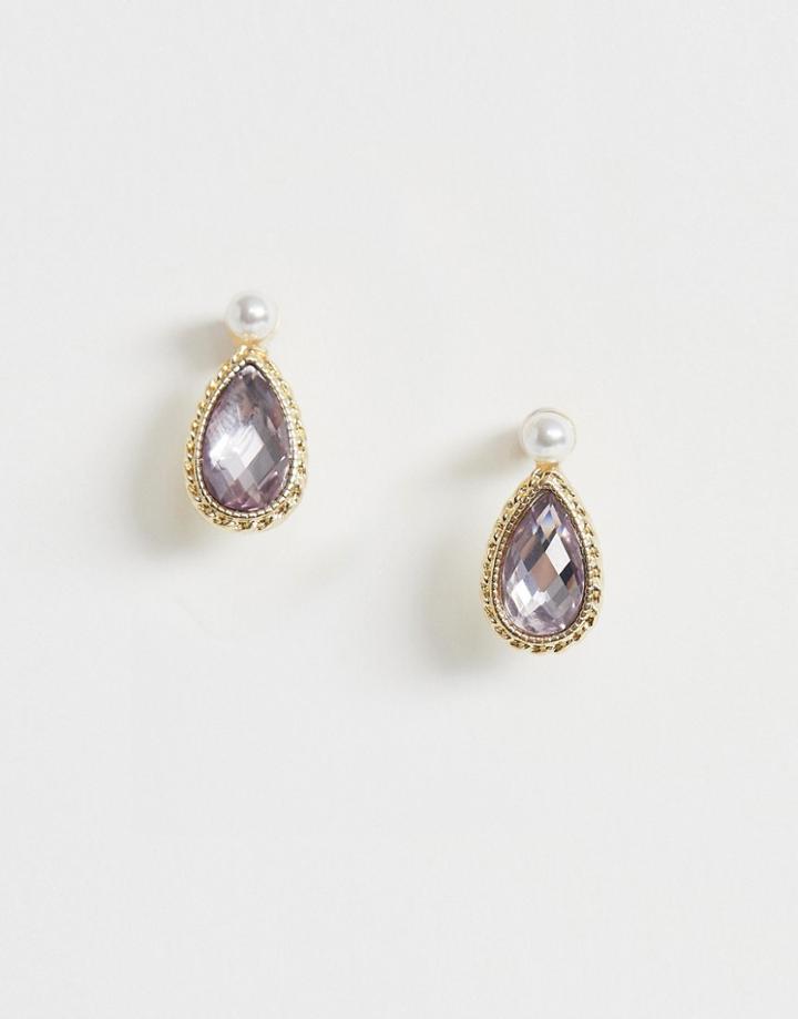 Asos Design Stud Earrings With Small Stone And Pearl In Gold